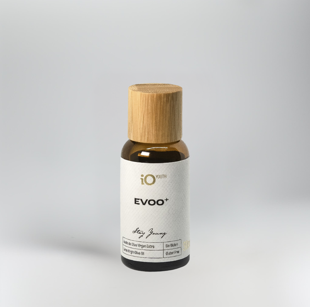 Bottle of iO Youth EVOO+ on a light gray background