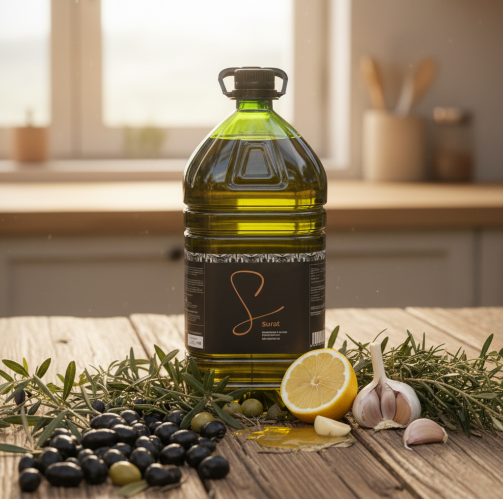 Bottle of olive oil on a wooden table with herbs and garlic in a kitchen setting