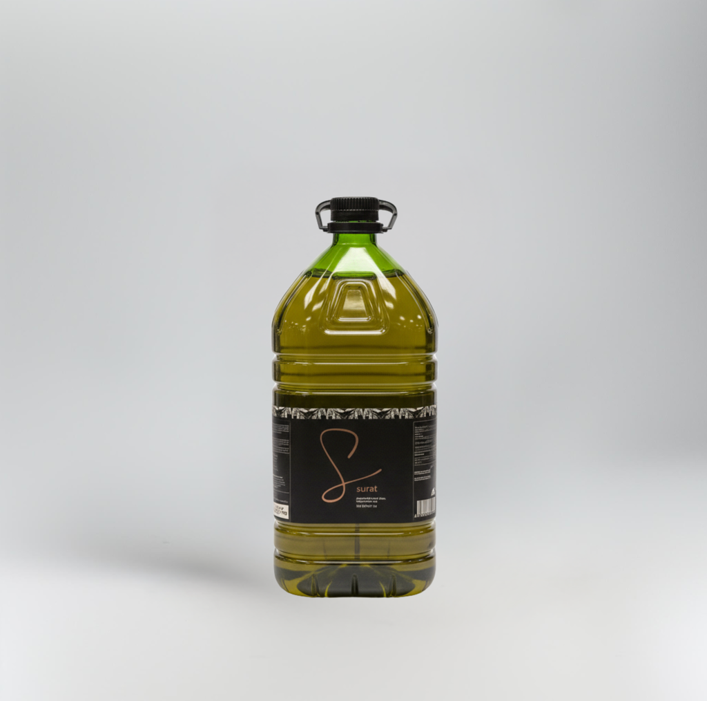 Bottle of olive oil with a black label on a white background