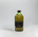 Bottle of olive oil with a black label on a white background