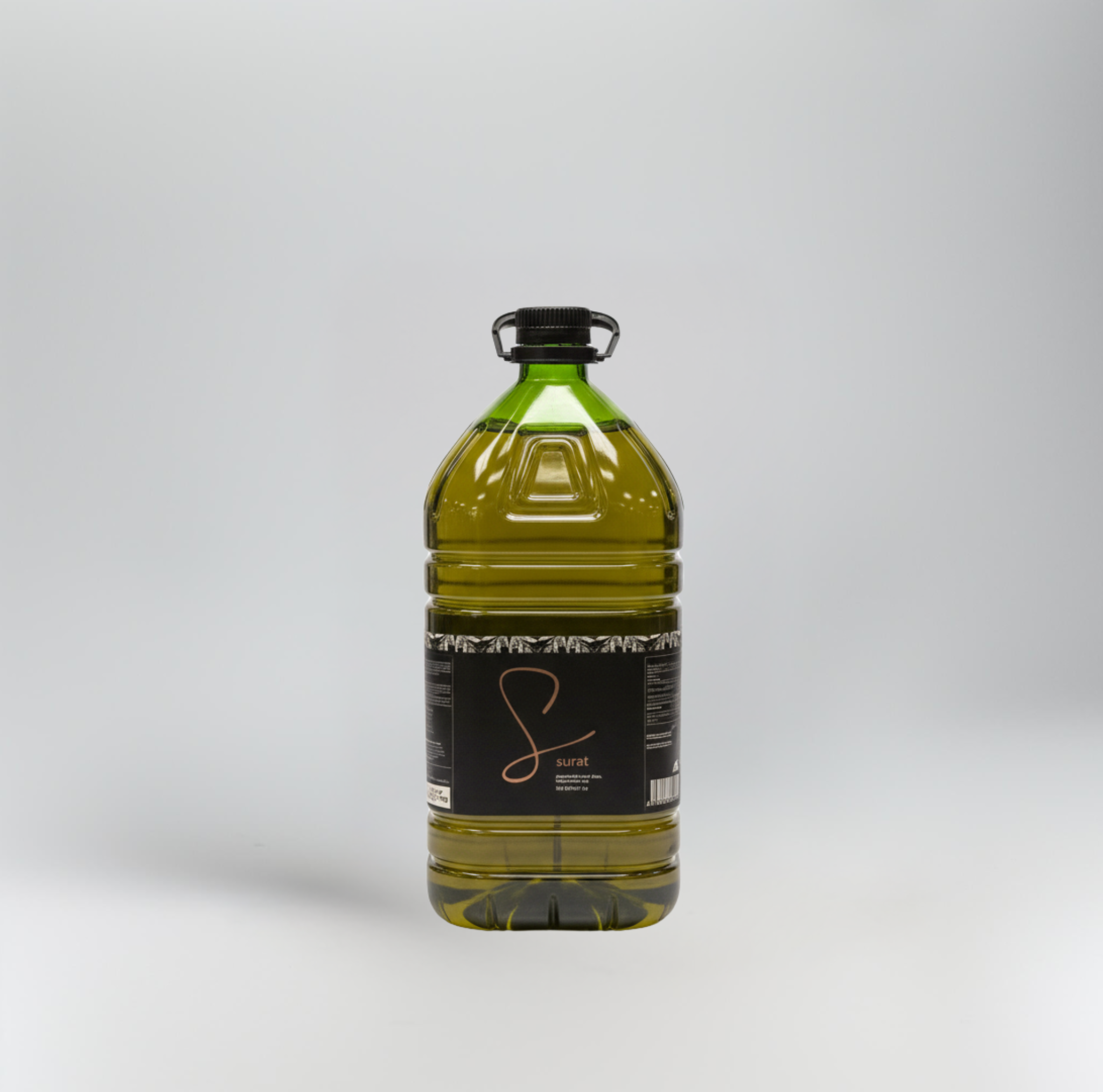Bottle of olive oil with a black label on a white background