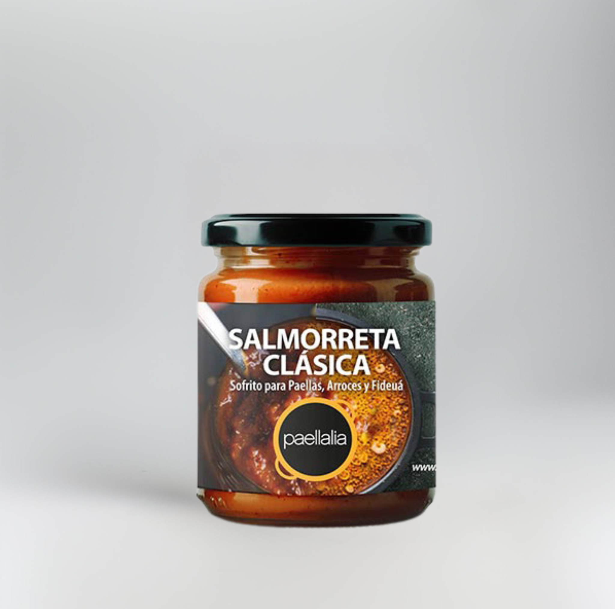 Jar of Salmorreta Clásica with Paellalia branding on a gray background