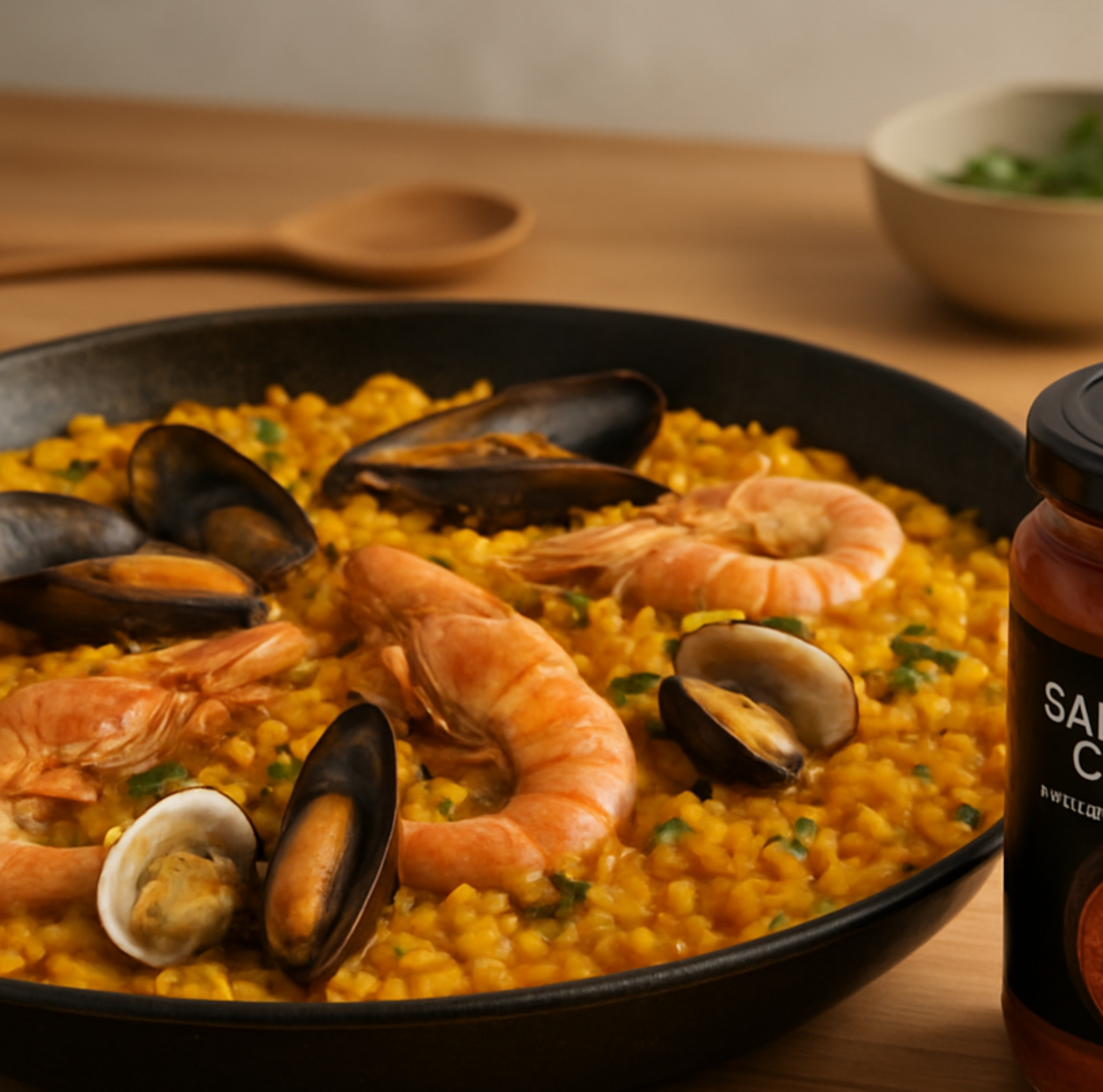 Paella with seafood in a black pan on a wooden table, accompanied by a bottle of Salmorreta Clasica