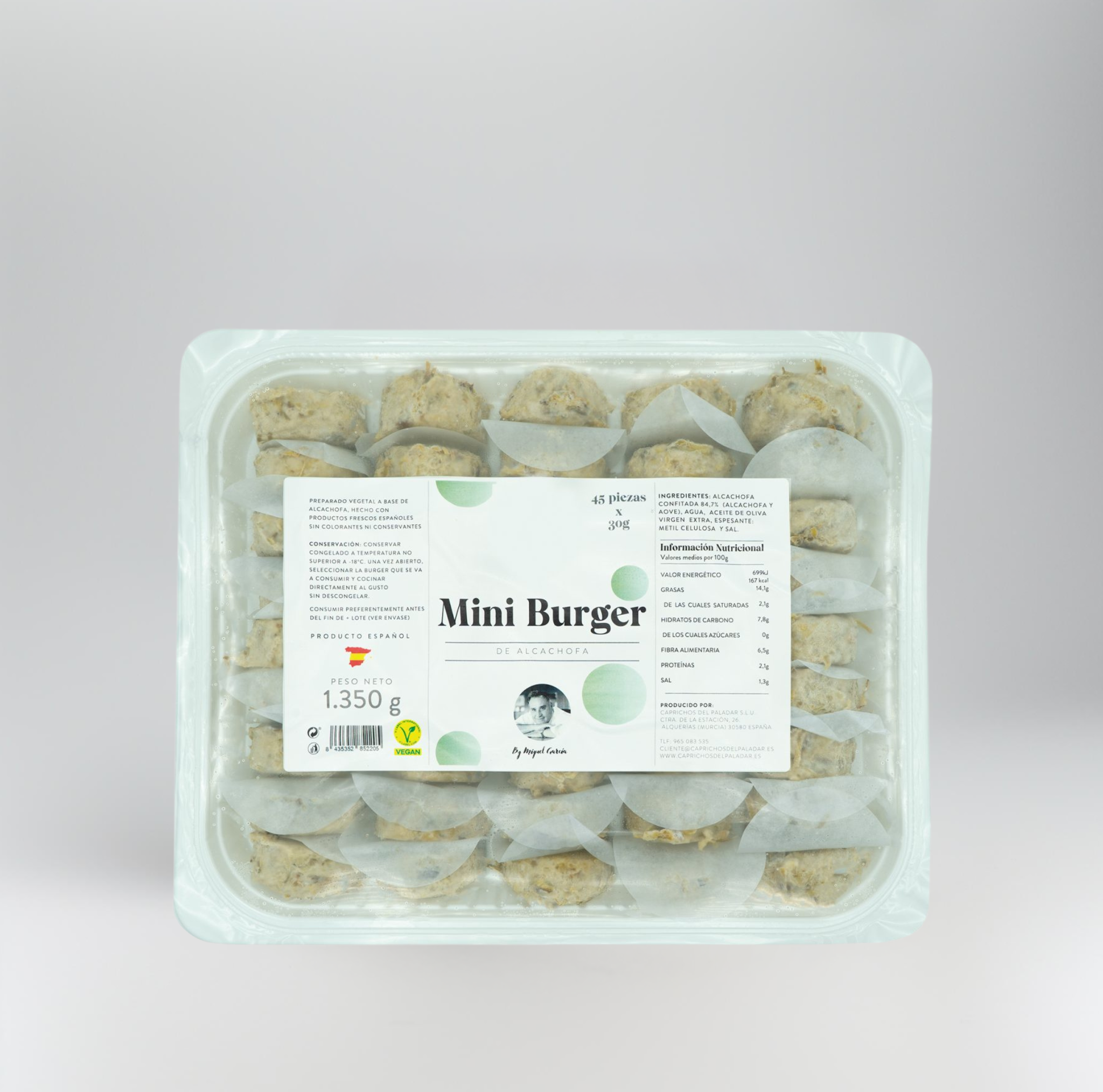 Packaged mini artichoke burgers with a label on a light gray background