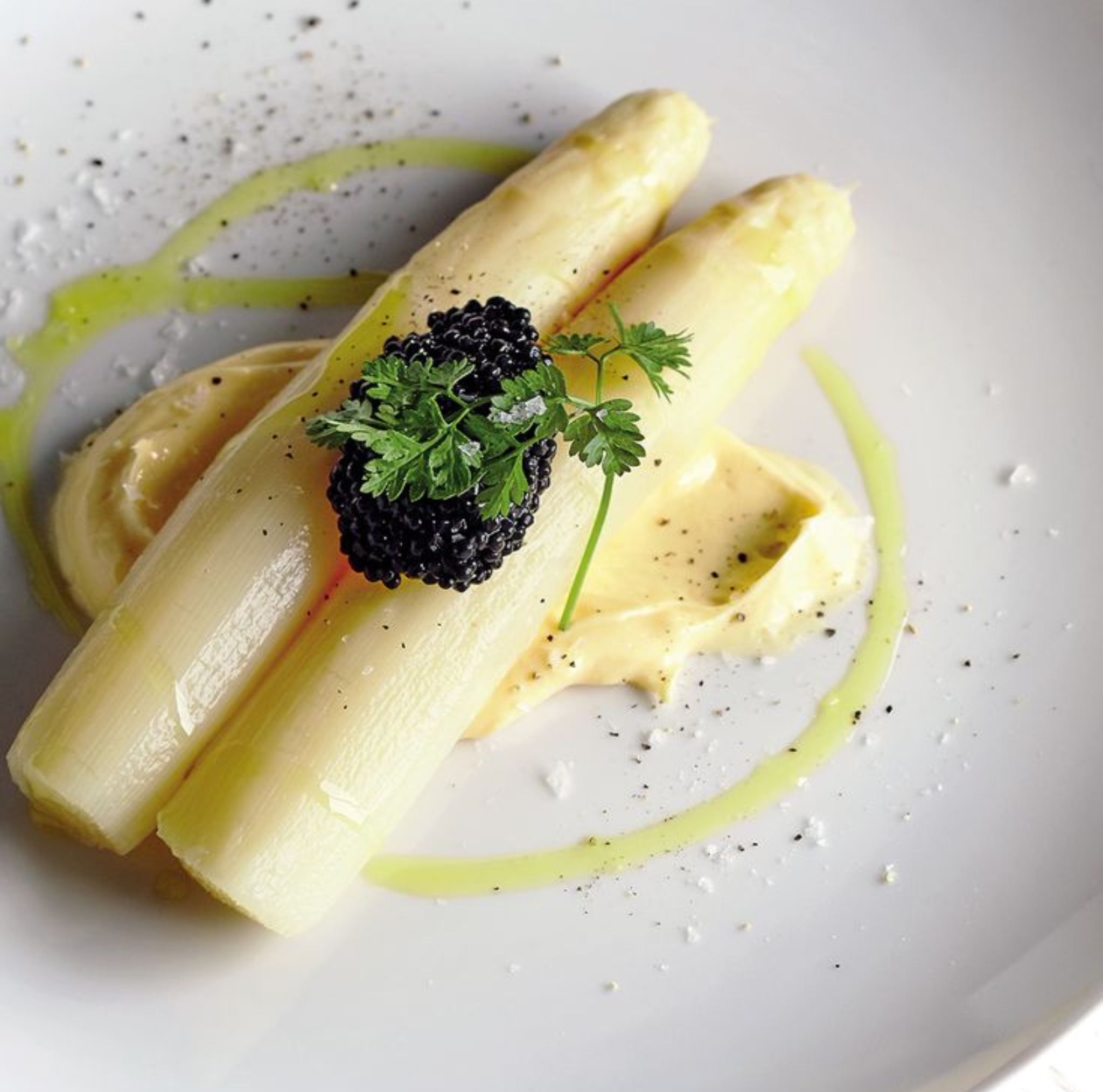 White asparagus with mayo, black truffle and herbs on a white plate